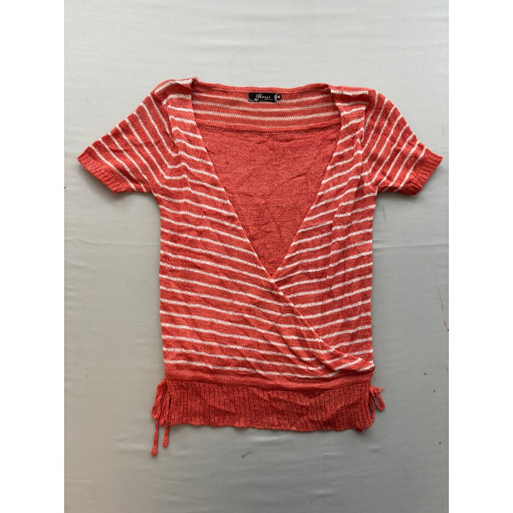 Bacci Womens Orange White Striped Knit Wrap Top Short Sleeve Side Tie Medium